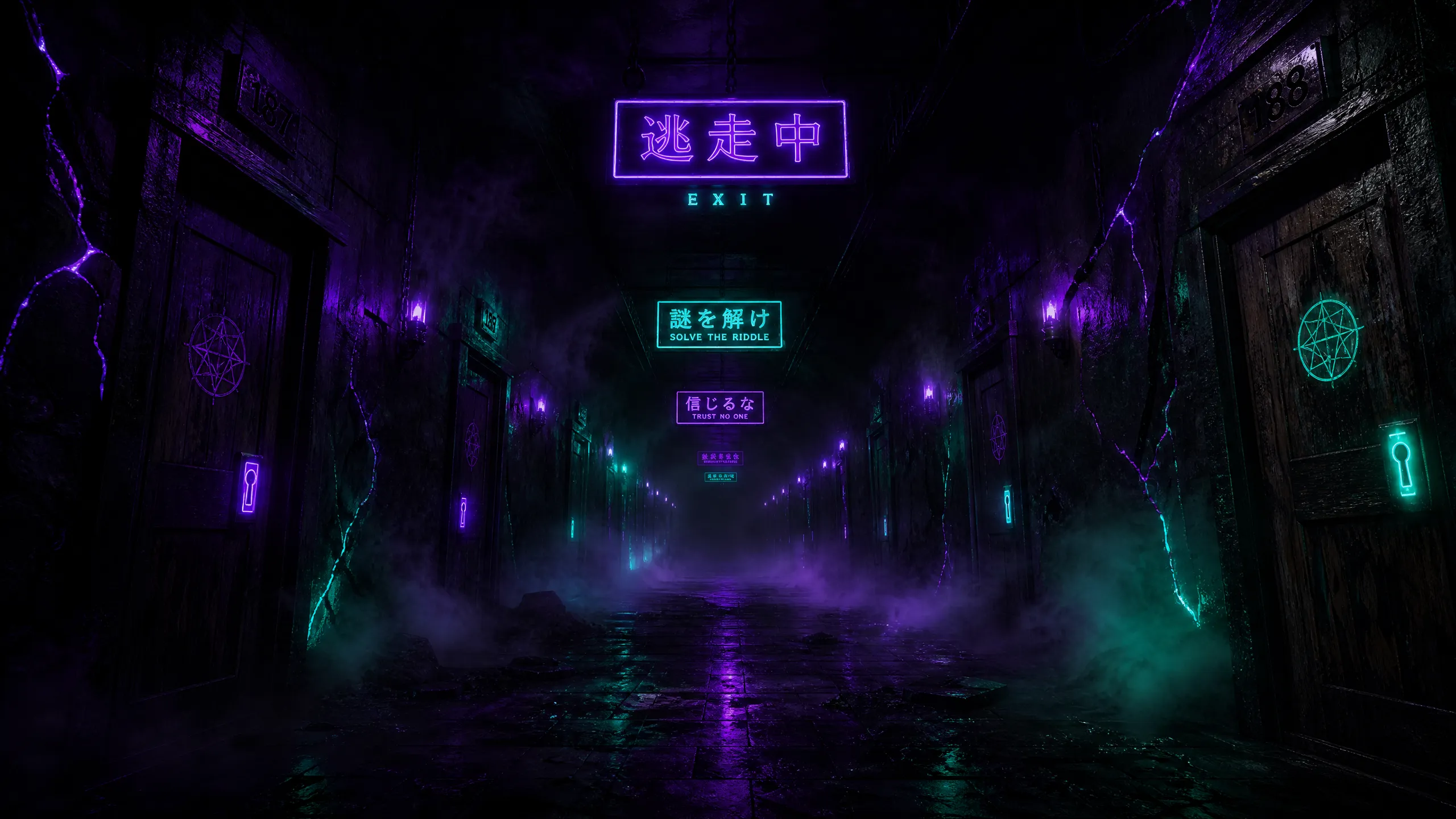 密室走廊第一人称视角，霓虹紫光与幽灵荧光绿交织的悬疑暗夜​走廊